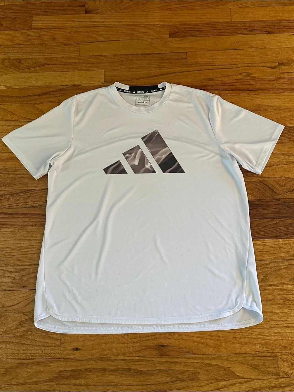 adidas White Short-Sleeve Tee with Grey Logo Sz L
